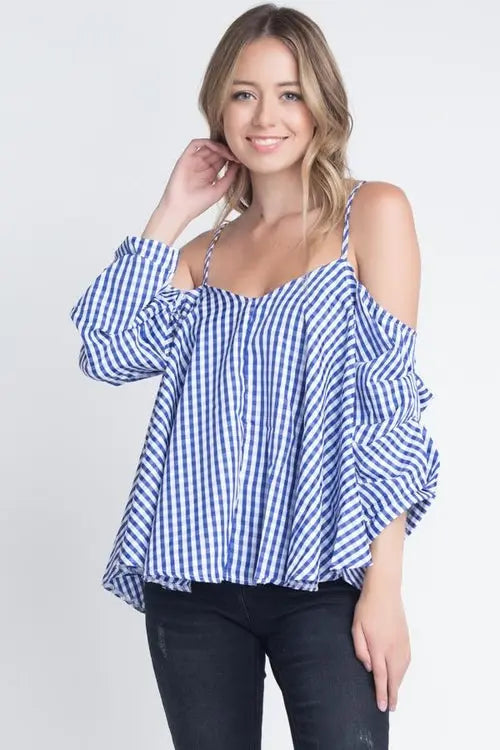 Women's Cold Shoulder Checkered Top Blue / Medium My Store