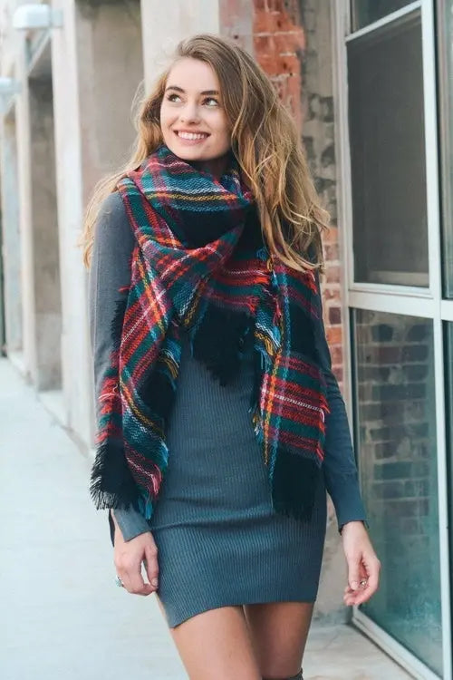 Flannel Frayed Edge Blanket Scarf Black Green Red My Store