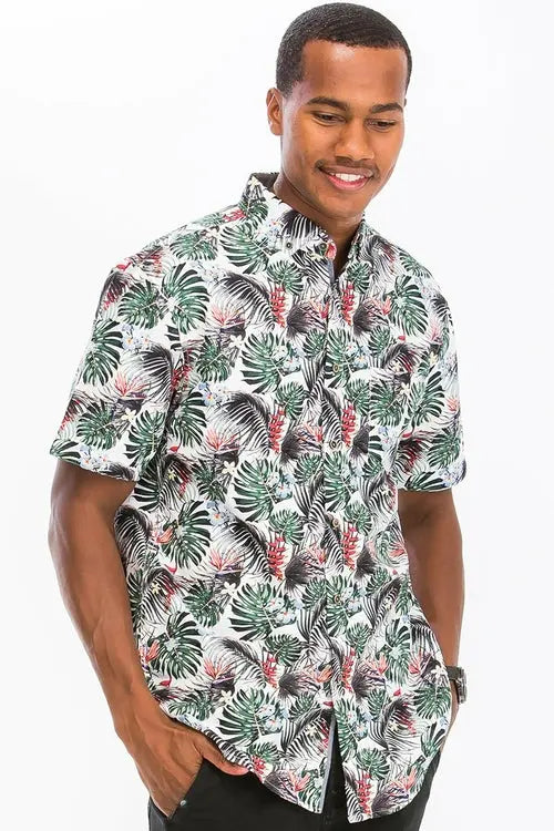 Green Hawaiian Print Button Up Shirt    My Store