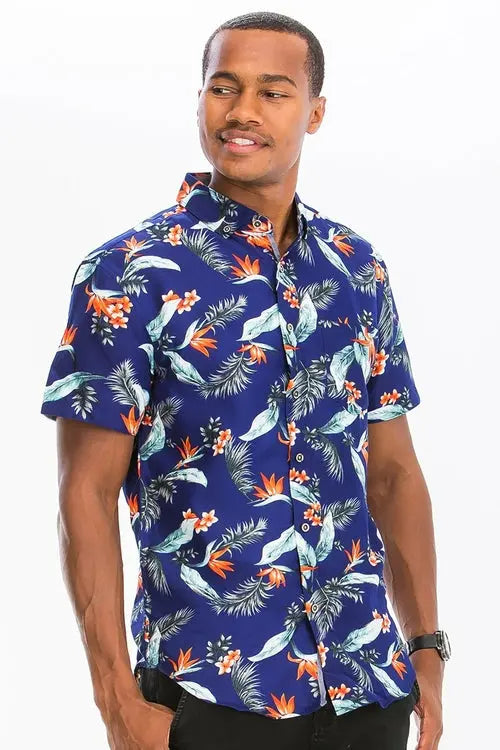 Blue Hawaiian Print Button Up Shirt    My Store