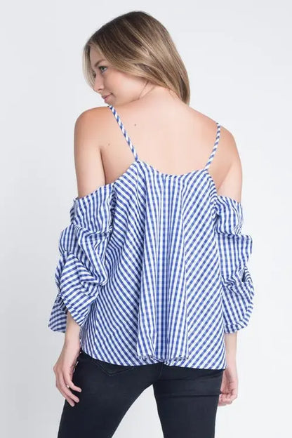 Women's Cold Shoulder Checkered Top    My Store