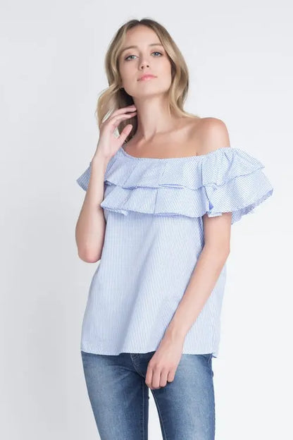 Women's Striped Off Shoulder Ruffle Stripe Blouse  White Blue / Medium  My Store