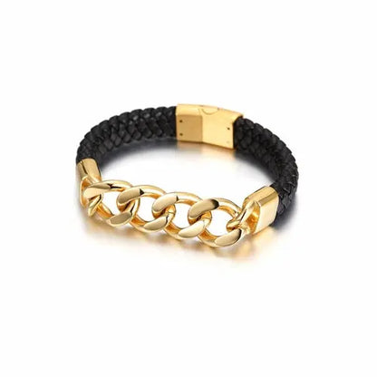 CUBAN LINK LEATHER BRACELET  Gold  My Store